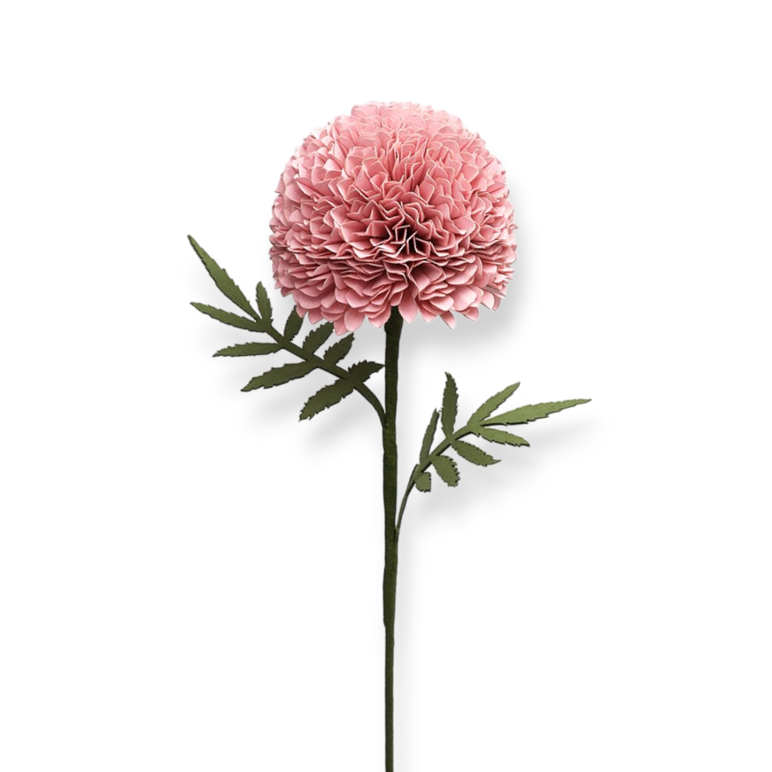 Handmade Paper Marigold – Pink Bloom Stem (Size: 2.5” x 9” | Recycled Cotton Paper)
