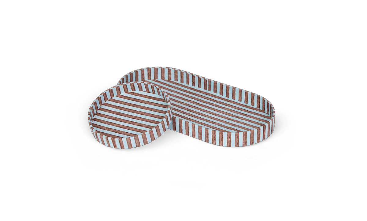 Earthen Stripe – Hand Block Printed Dual Tray Set (Set of 2) (Large: 4.5" x 9" x 1") (Small: 4" x 4" x 0.6")