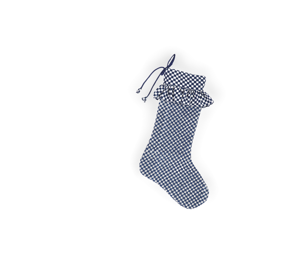 Harbor Blue Check – Hand Block Printed Christmas Stocking With Frill (16" × 5")
