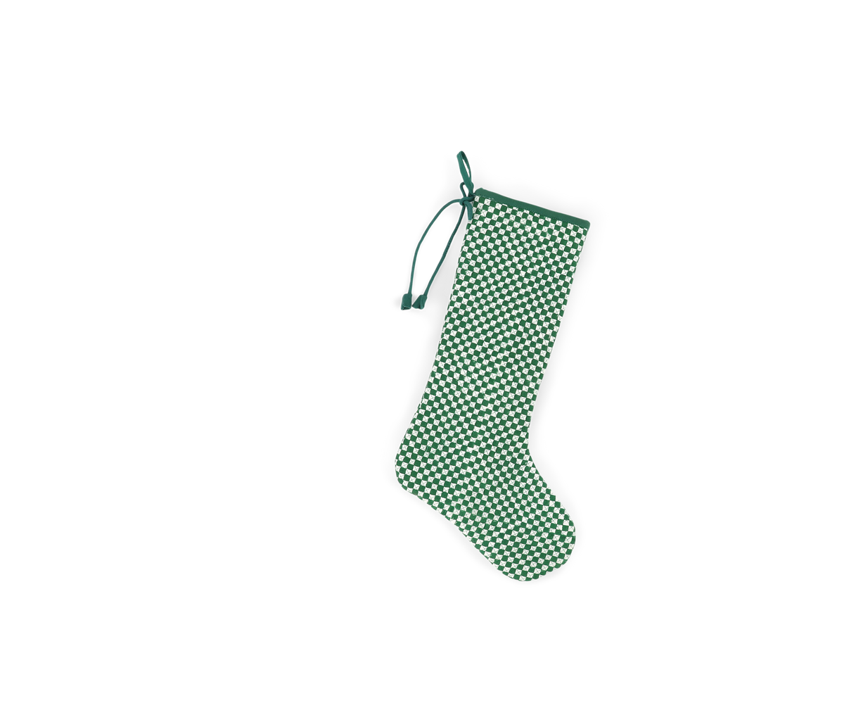 Celadon Green Check – Hand Block Printed Christmas Stocking With Piping (16" × 5")