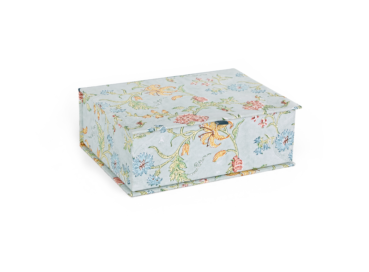 Sky Garden Blossom – Hand Block Printed Keepsake Box (9.5” x 7” x 3.5” | 100% Recycled Cotton Paper)