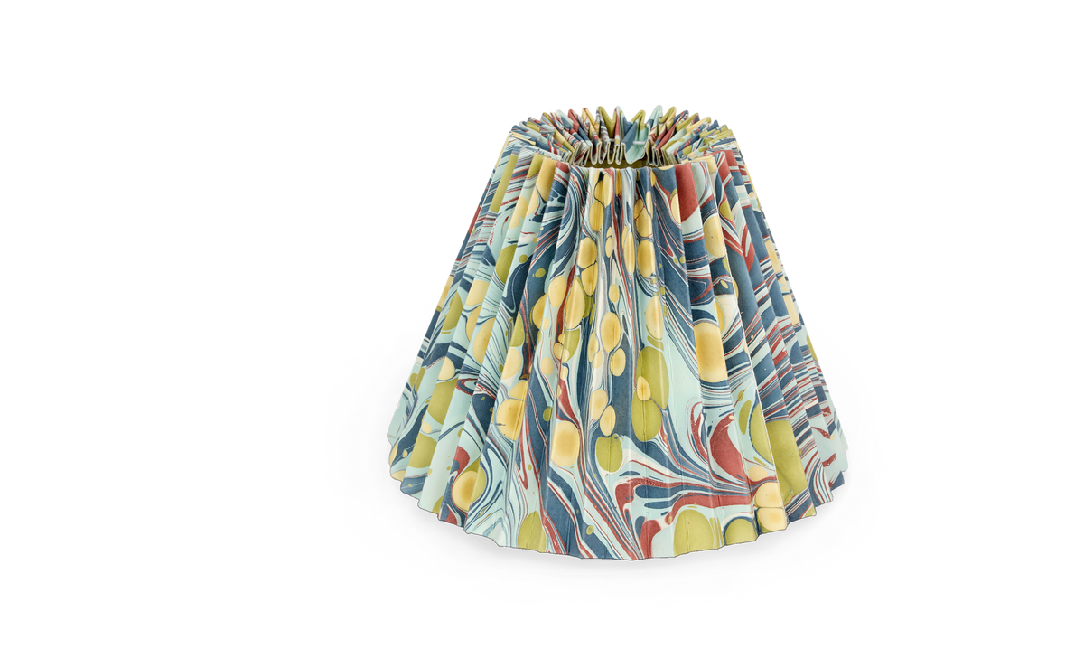 Ocean Swirl – Hand Marbled Pleated Lampshade (8” H x 10” W x 5.5” Ø | 100% Recycled Cotton Paper)