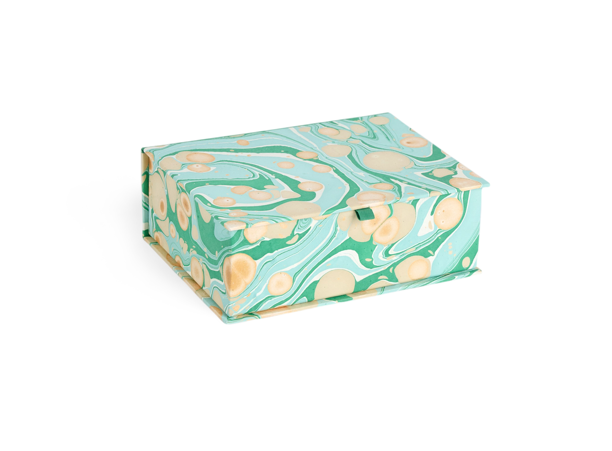 Celadon Green Pebble – Hand Marbled Keepsake Box (9.5" x 7" x 3.5" | 100% Recycled Cotton Paper)