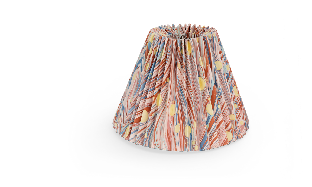 Sunset Swirl – Hand Marbled Pleated Lampshade (8” H x 10” W x 5.5” Ø )