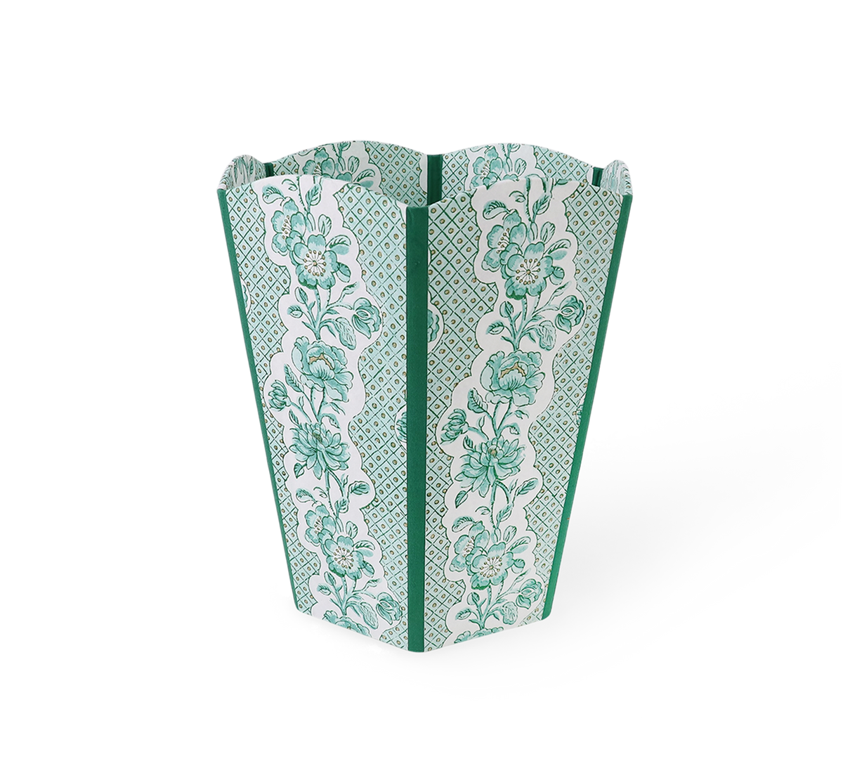 Celadon Green Blooming Trellis – Hand Block Printed Scalloped Basket (9.5" W x 9.5" D x 12" H.)