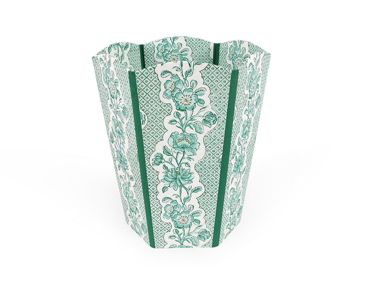 Celadon Green Blooming Trellis – Hand Block Printed Scalloped Basket (9.5" W x 9.5" D x 12" H.)