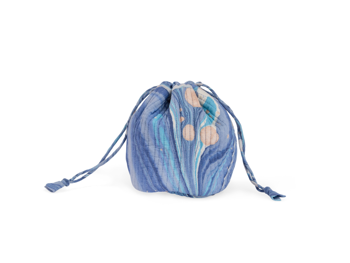 Harbor Blue Fire Whirl – Hand Marbled Quilted Pouch (Jewelry & Beauty Organizer)