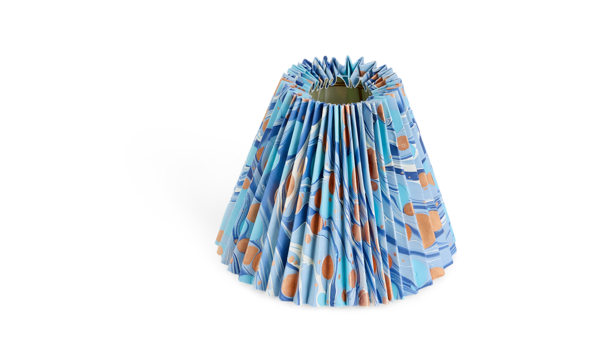 Harbor Blue Pebble – Hand Marbled Pleated Lampshade ( 8” H X 10” W x 5.5 Ø | 100% Recycled Cotton Paper)