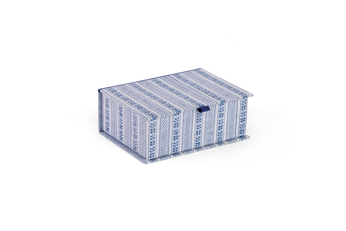 Harbor Blue Floral Stripe – Hand Block Printed Keepsake Box (6.75” x 5” x 2.75” | 100% Recycled Cotton Paper)