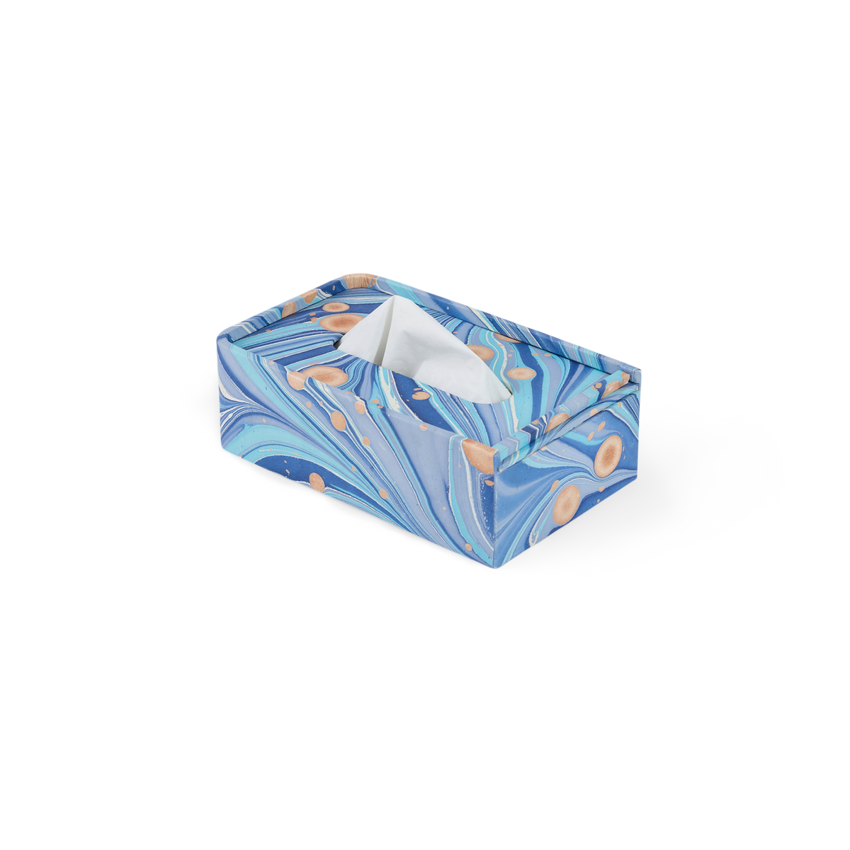 Harbor Blue Fire Whirl – Hand Marbled Tissue Box Cover (5.25” W x 8.5” L x 2.75” H)
