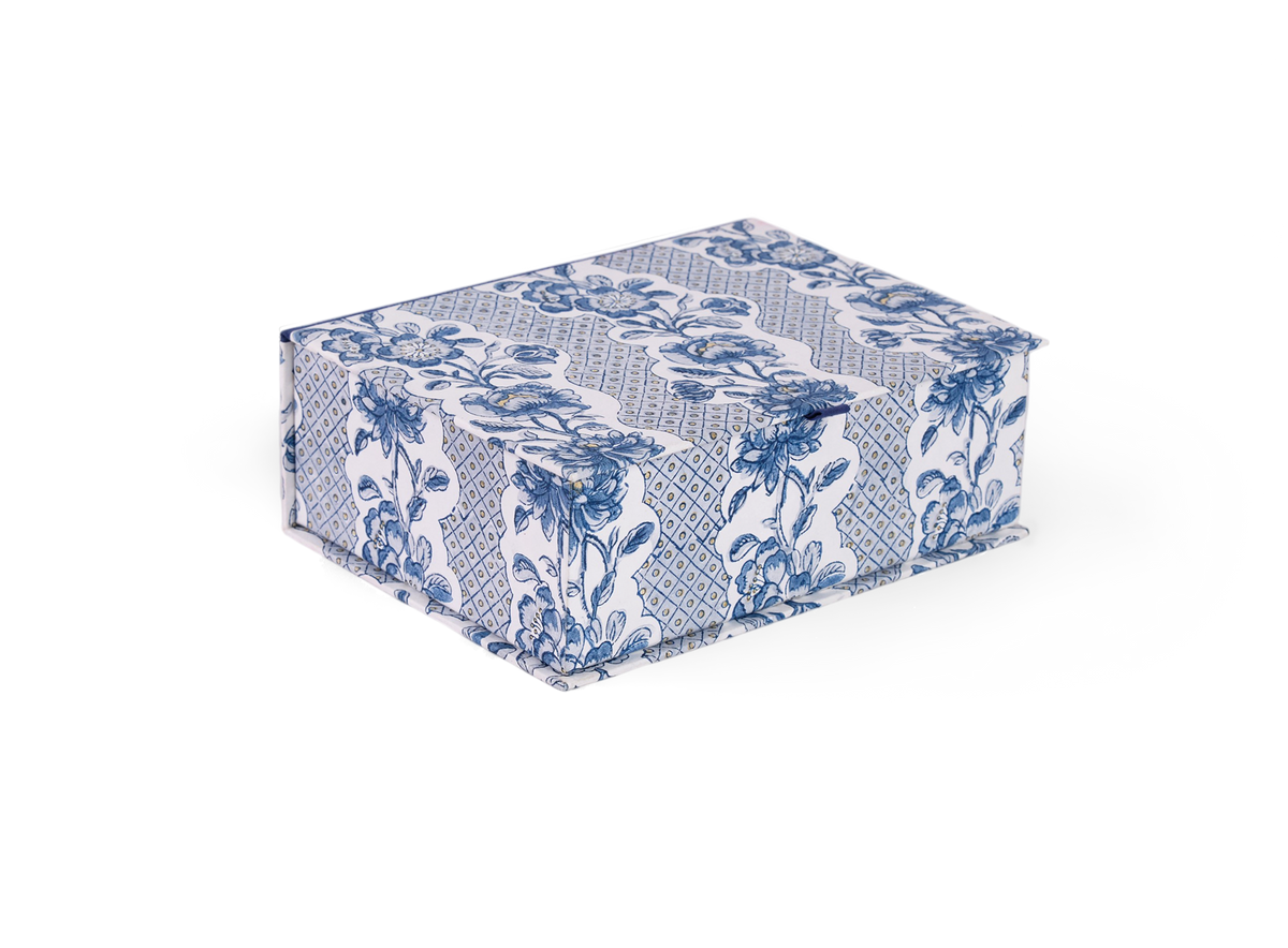 Harbor Blue Blooming Trellis – Hand Block Printed Keepsake Box (9.5" x 7" x 3.5" | 100% Recycled Cotton Paper)