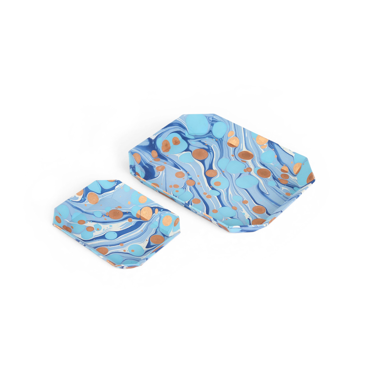 Harbor Blue Pebble – Hand Marbled Octagon Tray Set (Set of 2) (Large: 9" x 11" x 1.5")
