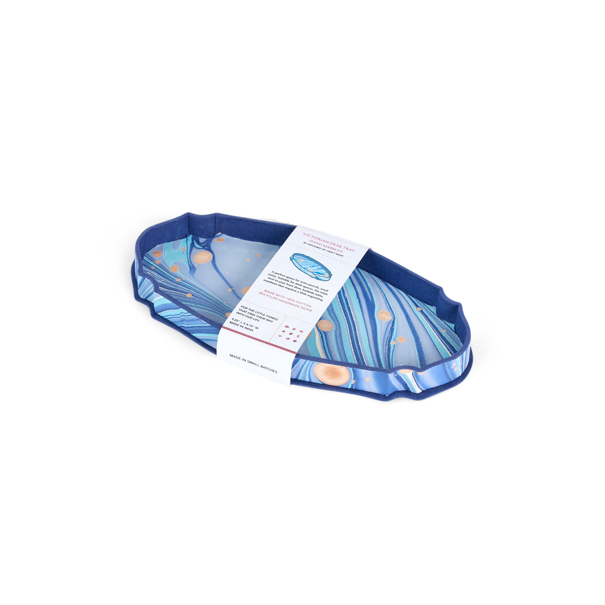 Harbor Blue Fire Whirl – Hand Marbled Victorian Desk Tray (9.25" x 4.75" x 1")
