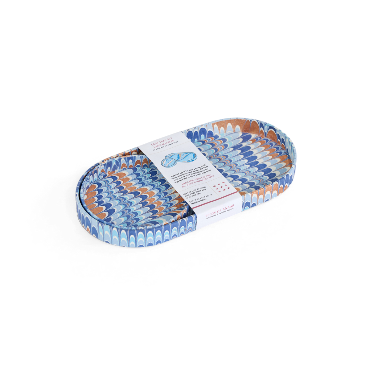 Harbor Blue Mountain  – Hand Marbled Tray Set (Set of 2) (Large: 4.5" x 9" x 1") (Small: 4" x 4" x 0.6")