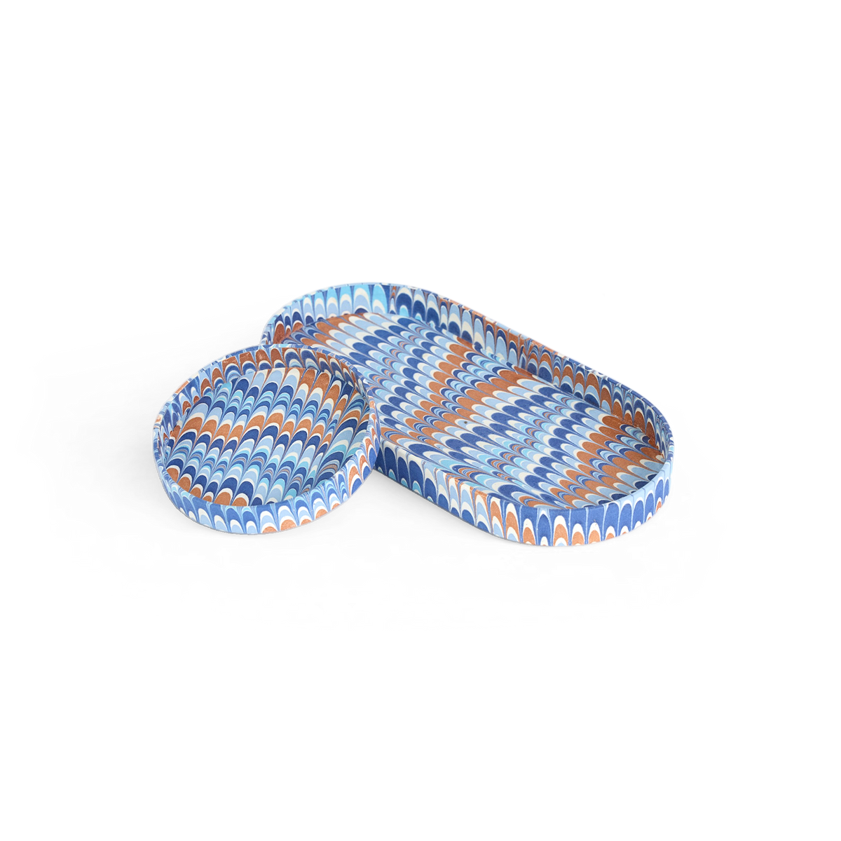 Harbor Blue Mountain  – Hand Marbled Tray Set (Set of 2) (Large: 4.5" x 9" x 1") (Small: 4" x 4" x 0.6")