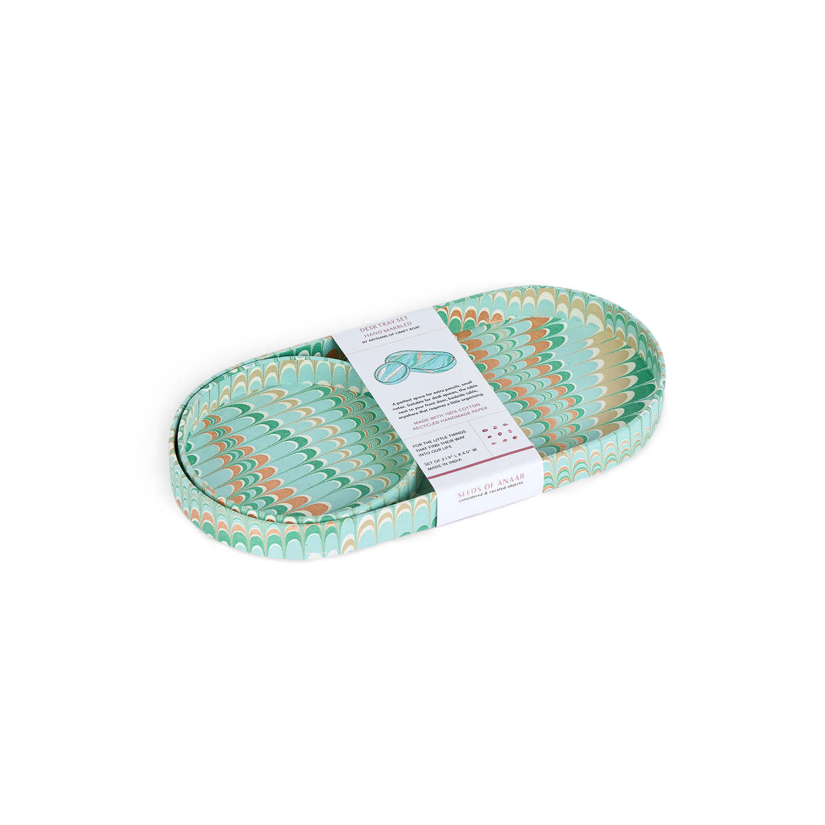Celadon Green Mountain  – Hand Marbled Tray Set (Set of 2) (Large: 4.5" x 9" x 1") (Small: 4" x 4" x 0.6")