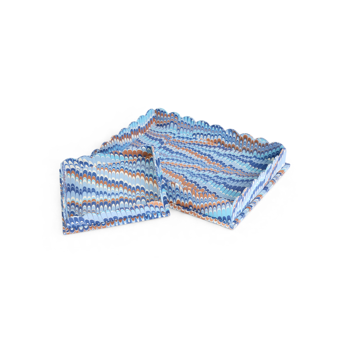 Harbor Blue Mountain – Hand Marbled Tray Set (Set of 2) (Large: 12" x 9.5" x 1.5") ( Small: 5.5" X 6.75" X 1.5")