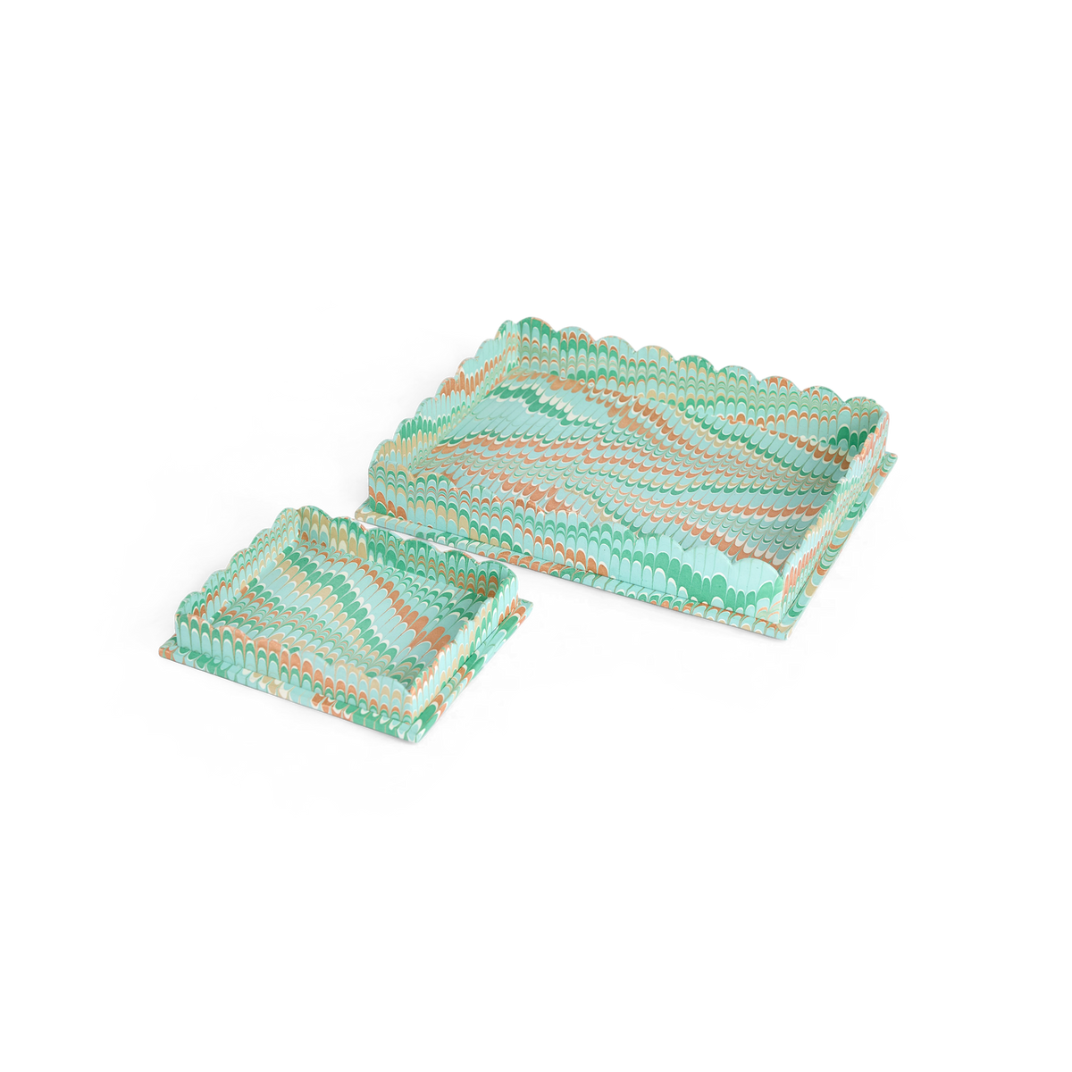 Celadon Green Mountain – Hand Marbled Tray Set (Set of 2) (Large: 12" x 9.5" x 1.5") ( Small: 5.5" X 6.75" X 1.5")