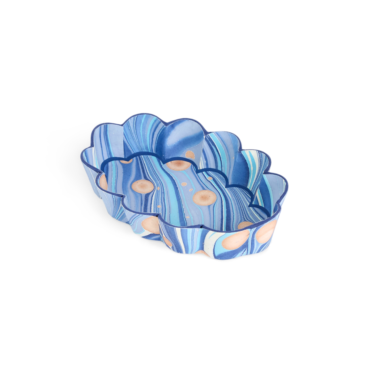 Harbor Blue Fire Whirl – Hand Marbled Scalloped Tray  (7.5" x 5.25" x 1.6")