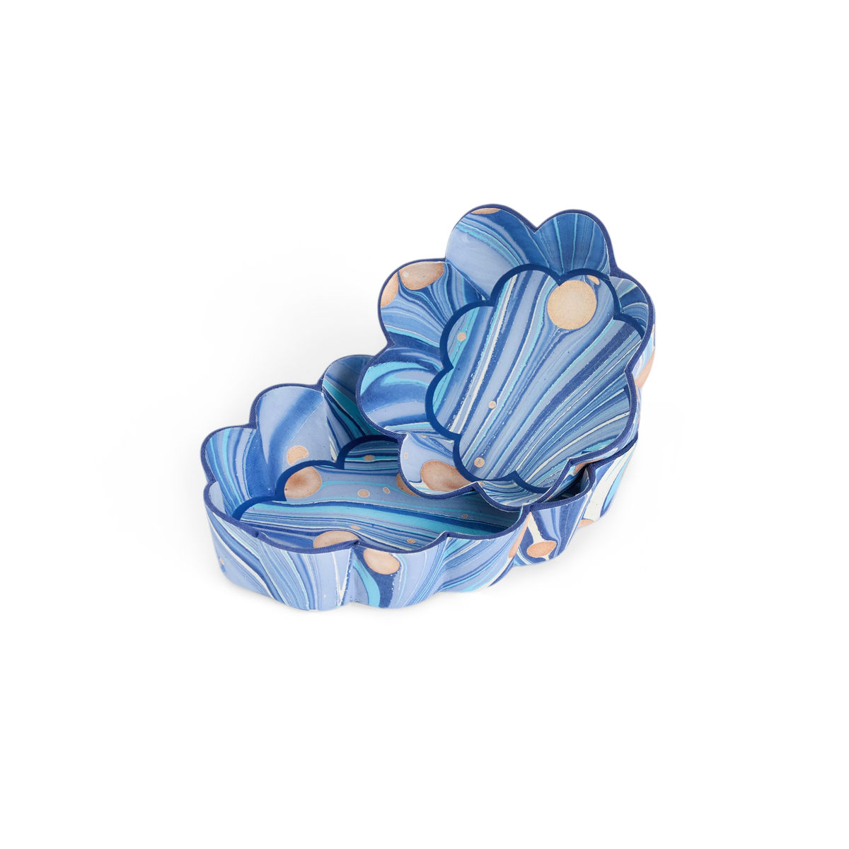 Harbor Blue Fire Whirl – Hand Marbled Scalloped Tray  (7.5" x 5.25" x 1.6")