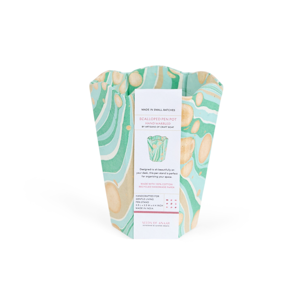 Celadon Green Fire Whirl – Hand Marbled Scalloped Pen Pot  (3.25" W x 3.25" D x 4.5" H)