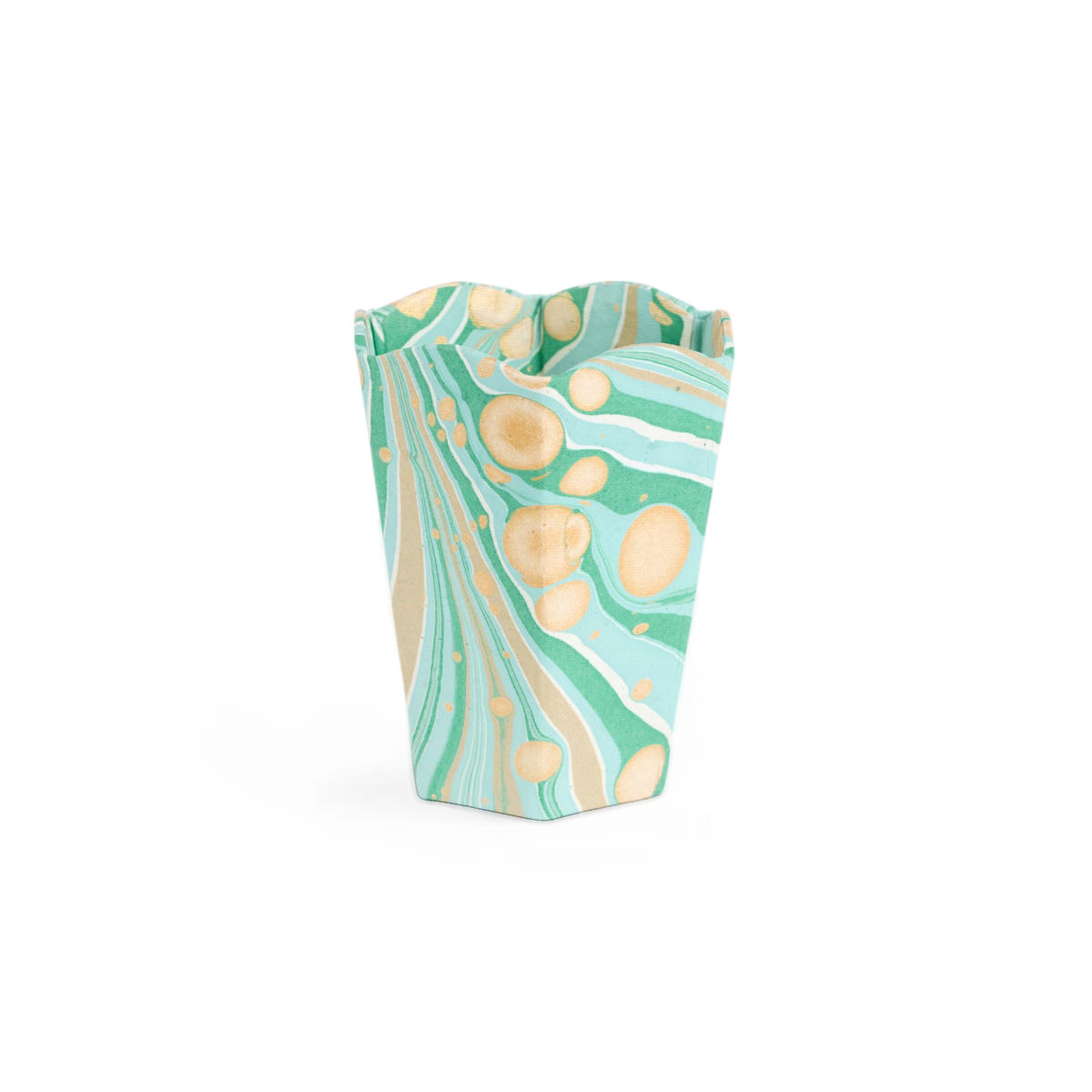 Celadon Green Fire Whirl – Hand Marbled Scalloped Pen Pot  (3.25" W x 3.25" D x 4.5" H)