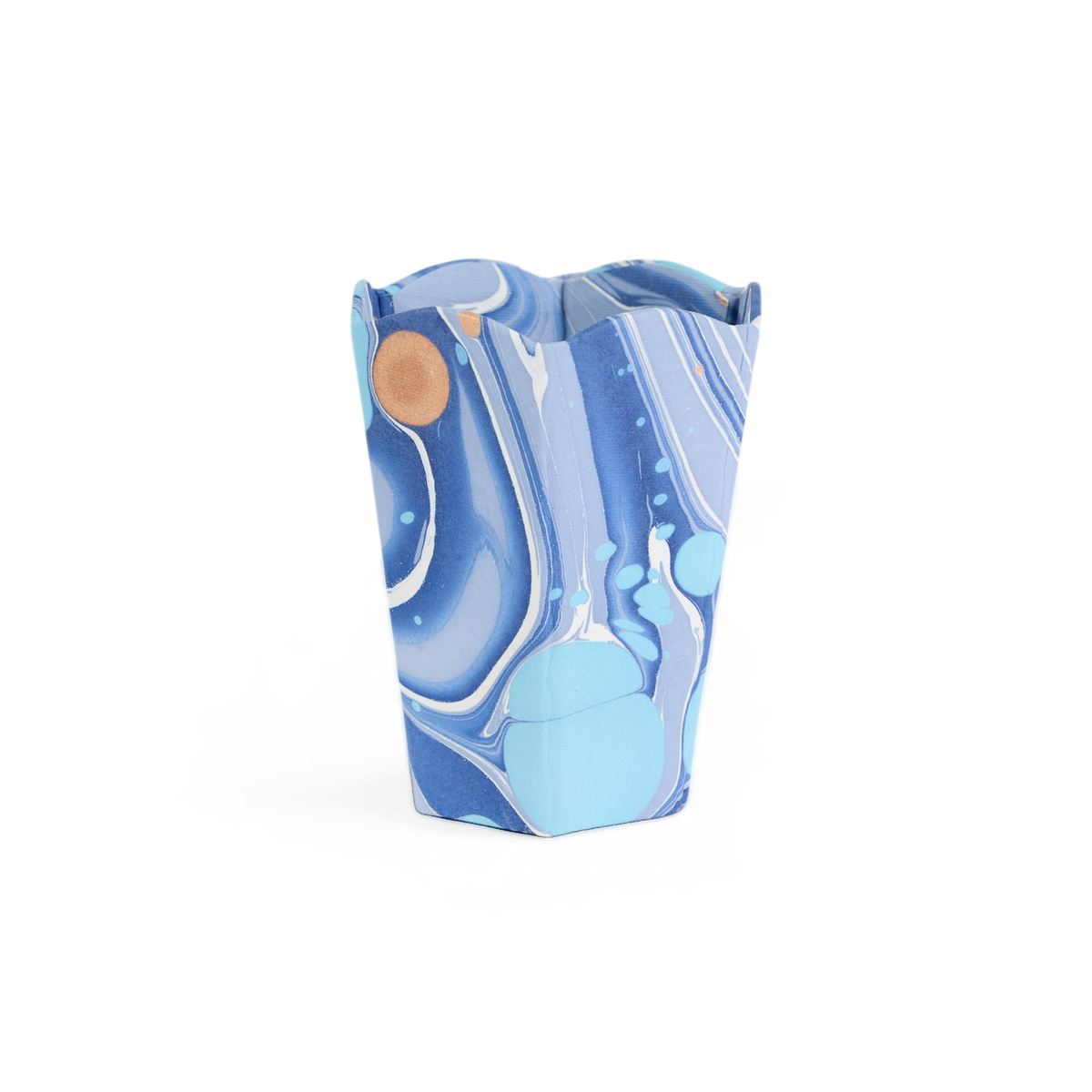 Harbor Blue Fire Whirl – Hand Marbled Scalloped Pen Pot  (3.25" W x 3.25" D x 4.5" H)