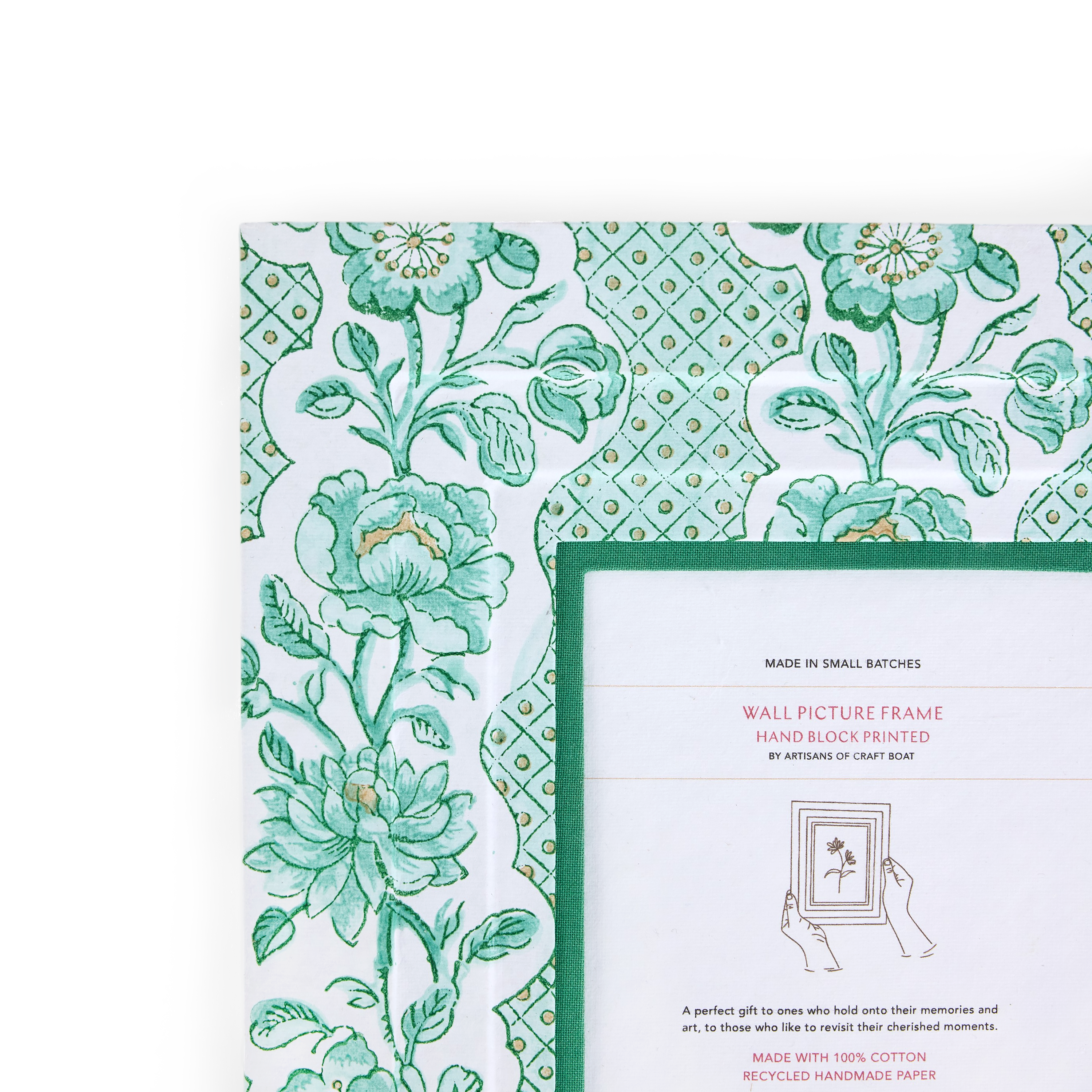Celadon Green Blooming Trellis – Hand Block Printed Wall Picture Frame (12" x 10", fits 7" x 5" photo)