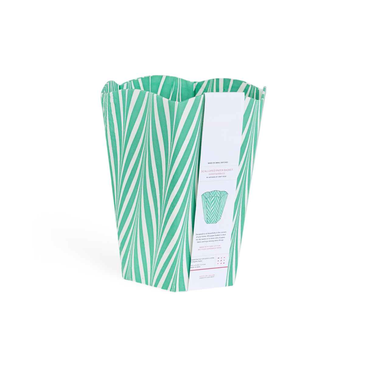 Celadon Green Banyan – Hand Marbled Scalloped Basket (9.5" W x 9.5" D x 12" H)