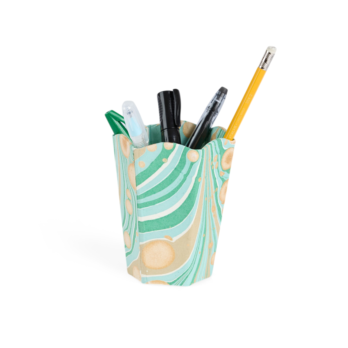 Celadon Green Fire Whirl – Hand Marbled Scalloped Pen Pot  (3.25" W x 3.25" D x 4.5" H)