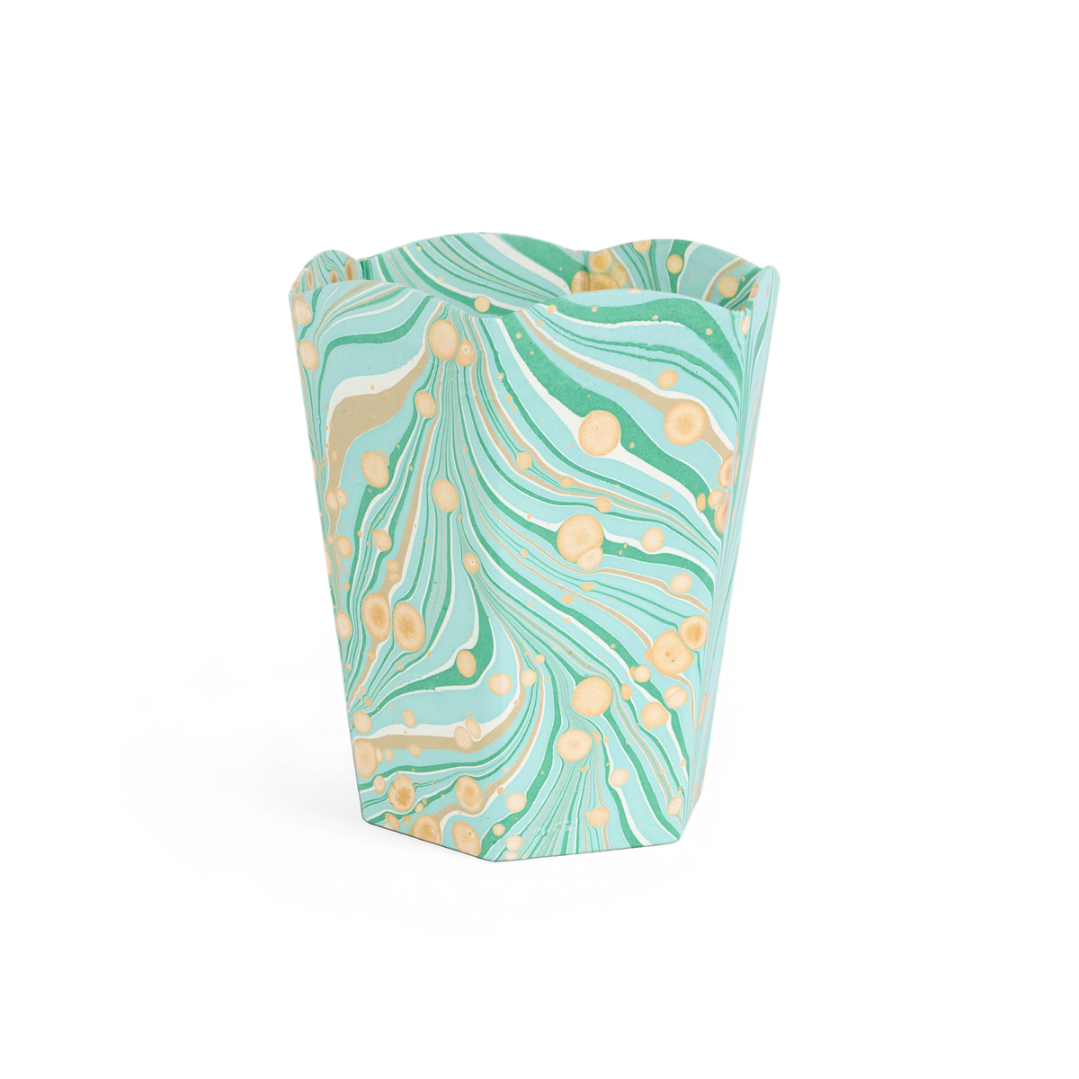 Celadon Green Fire Whirl – Hand Marbled Scalloped Basket (9.5" W x 9.5" D x 12" H)