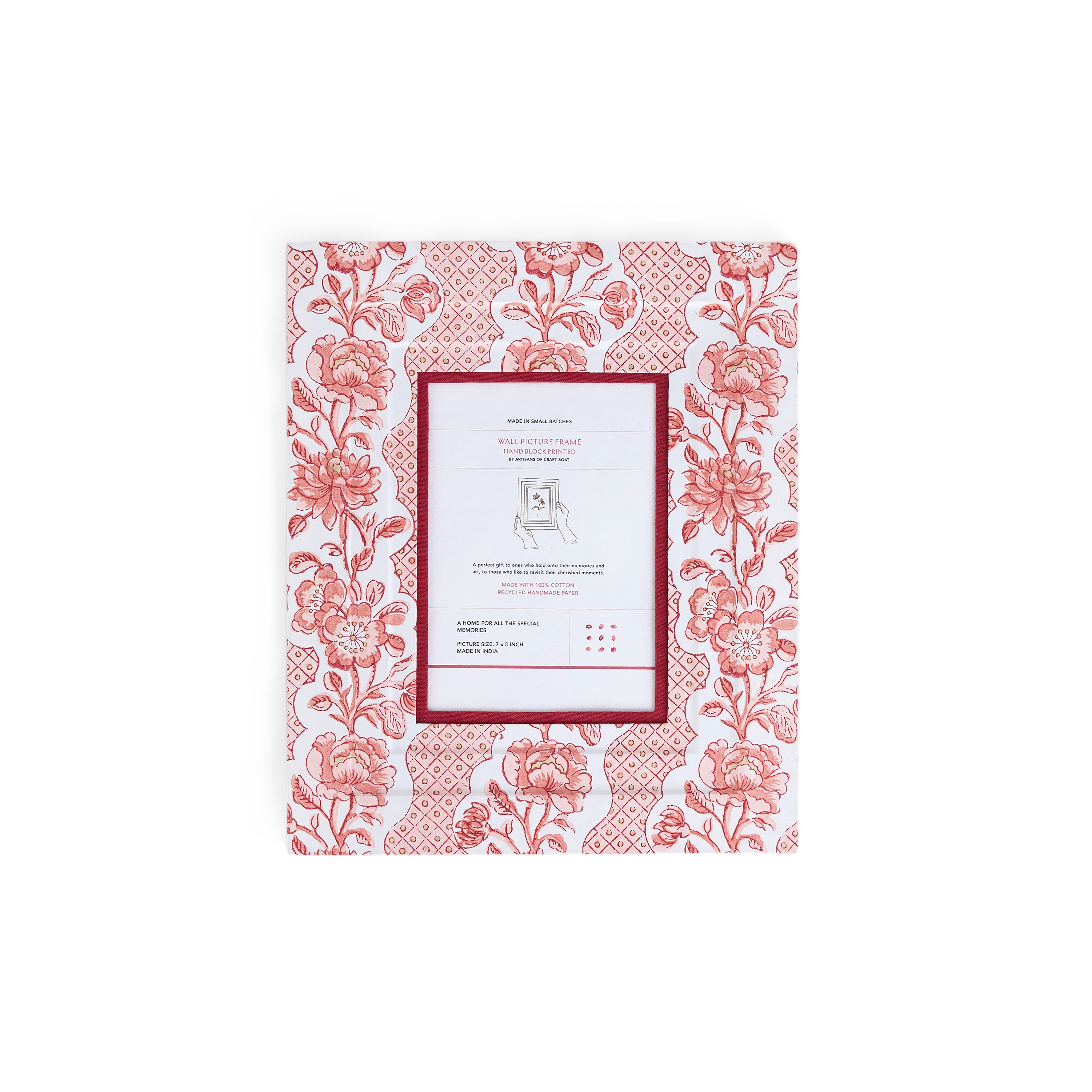 Garnet Red Blooming Trellis – Hand Block Printed Wall Picture Frame (12" x 10", fits 7" x 5" photo)
