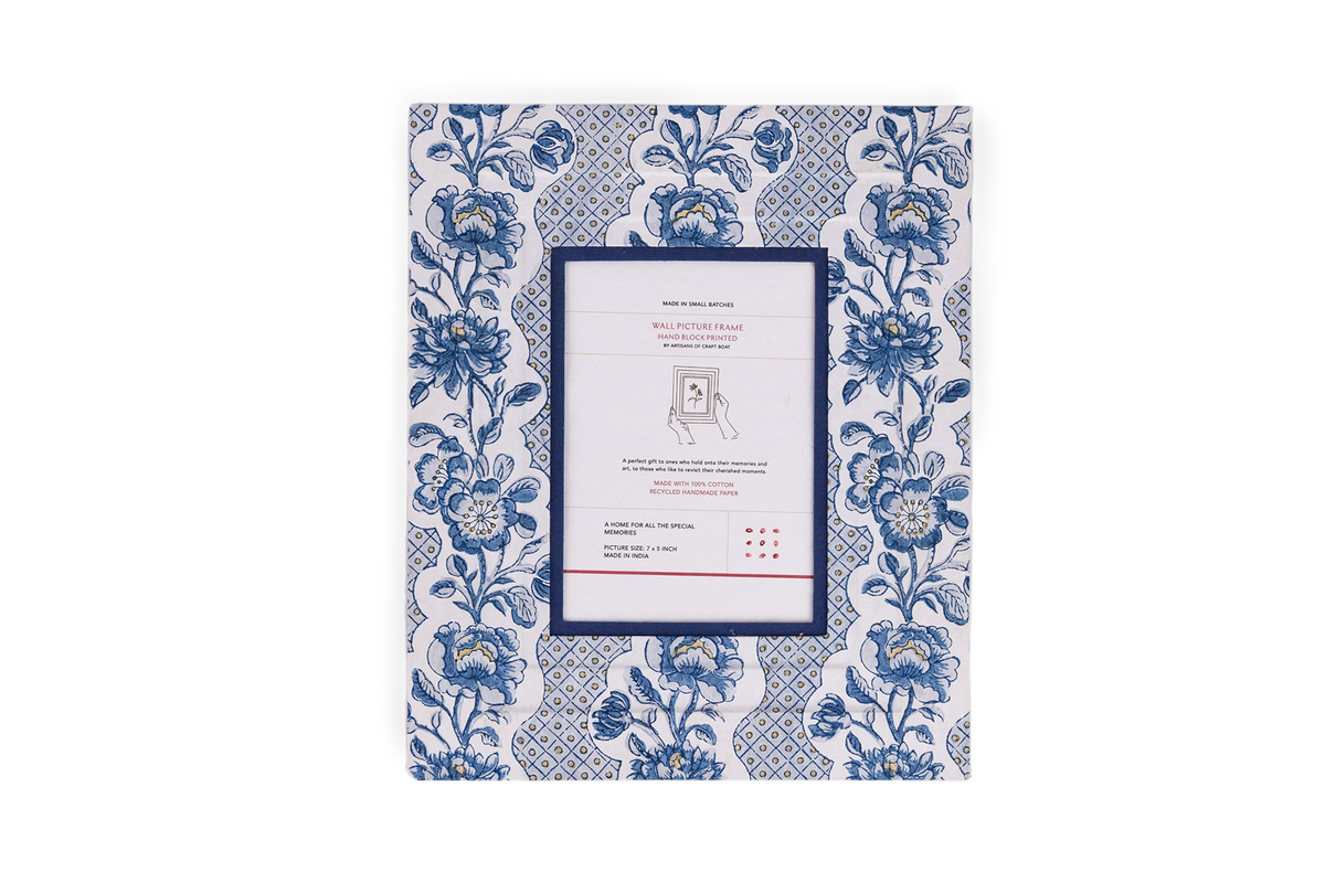 Harbor Blue Blooming Trellis – Hand Block Printed Wall Picture Frame (12" x 10", fits 7" x 5" photo)