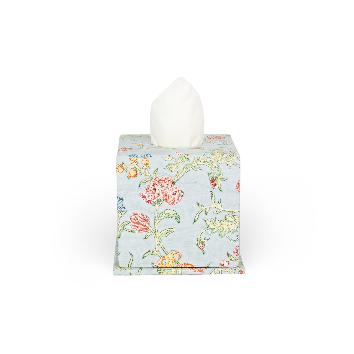Spring Sky Garden – Hand Block Printed Tissue Box Cover (5.25” H x 5” W x 5” D)