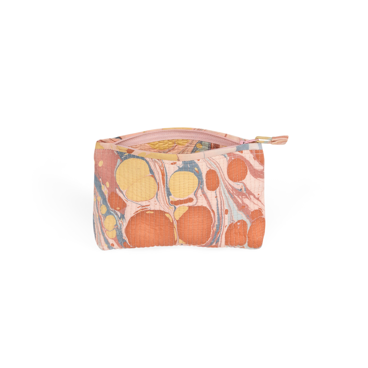 Sunset Stone – Hand Marbled Quilted Cotton Pouch  Large – 9.5" × 6.5" × 3"