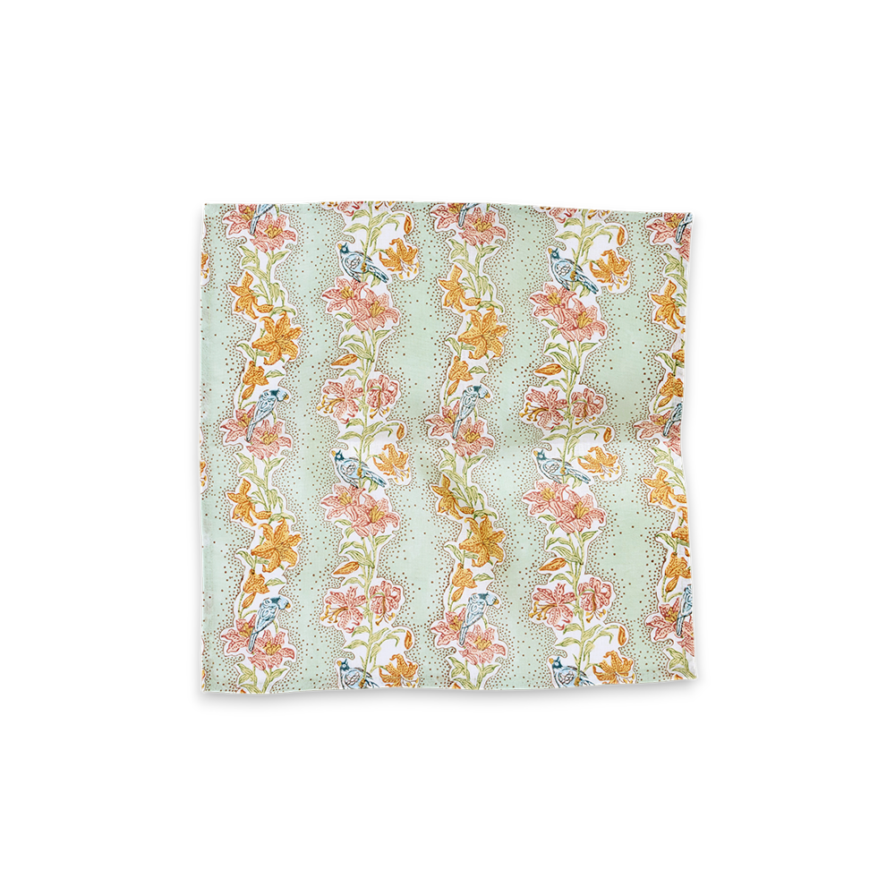 Parrot Garden – Hand Block Printed Linen Napkin (Set of 2) (18" x 18")