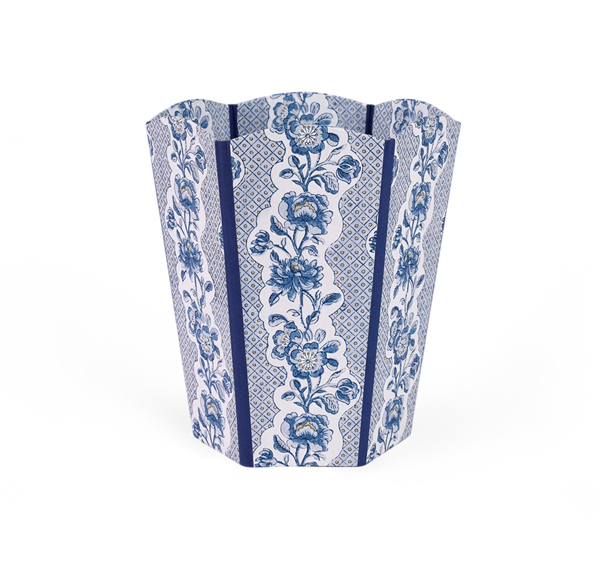 Harbor Blue Blooming Trellis – Hand Block Printed Scalloped Basket (9.5" W x 9.5" D x 12" H)