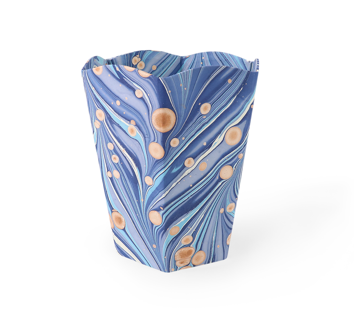Harbor Blue Fire Whirl – Hand Marbled Scalloped Basket (9.5" W x 9.5" D x 12" H.)