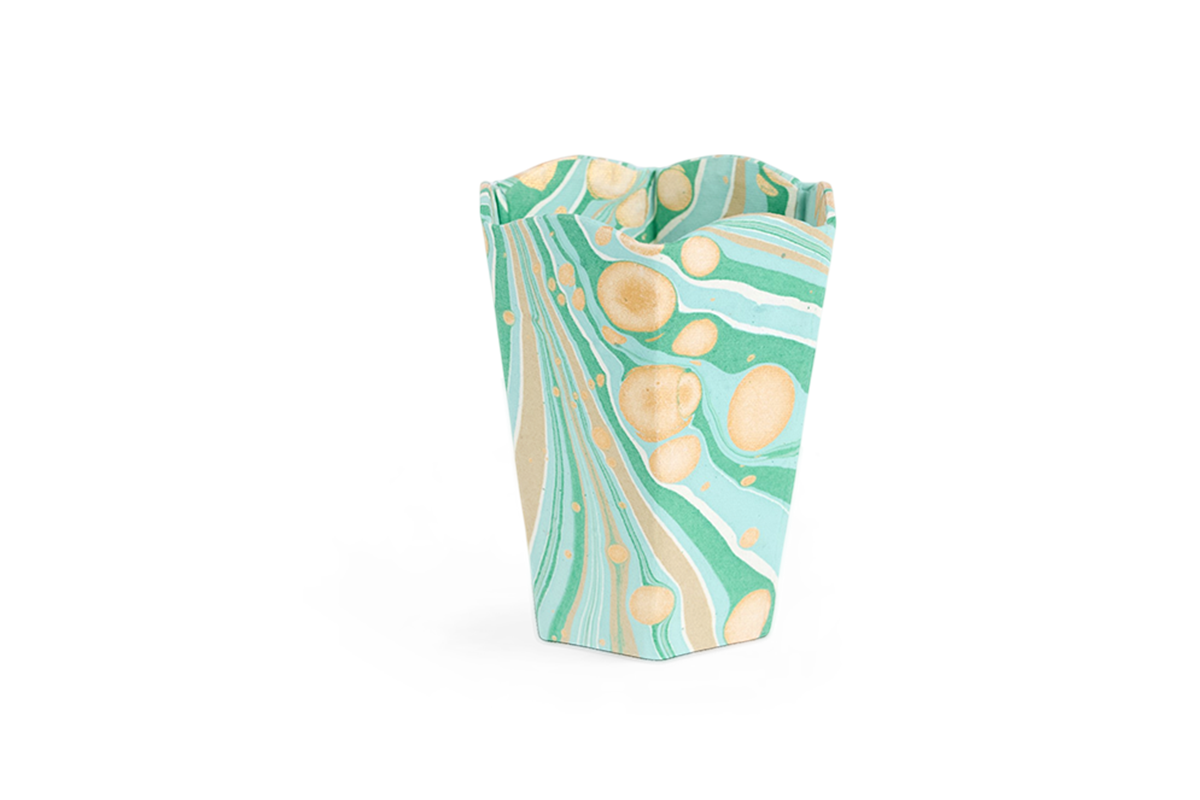 Celadon Green Fire Whirl – Hand Marbled Scalloped Pen Pot  (3.25" W x 3.25" D x 4.5" H)