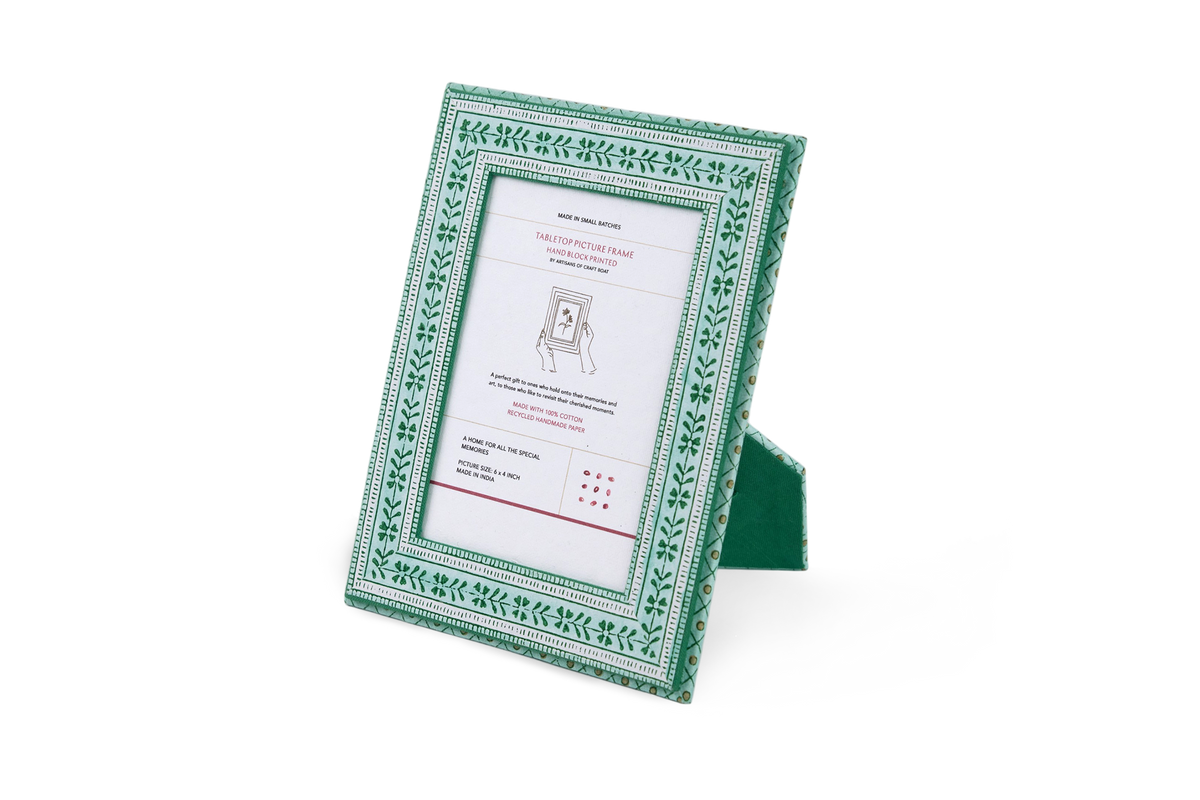 Celadon Green Floral Stripe – Hand Block Printed Tabletop Picture Frame (7.25" x 5.75", fits 6" x 4" photo)