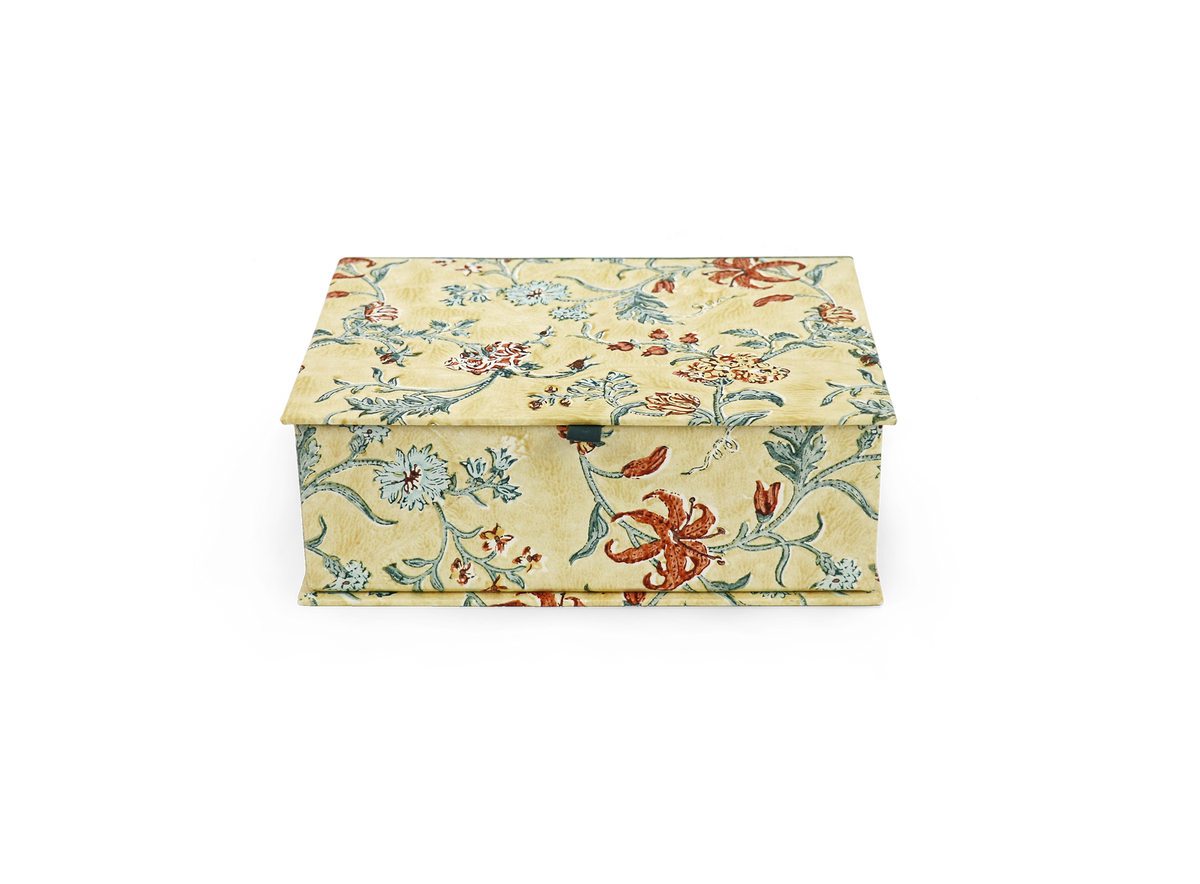 Classic Garden Vine – Hand Block Printed Keepsake Box (9.5” x 7” x 3.5” | 100% Recycled Cotton Paper)