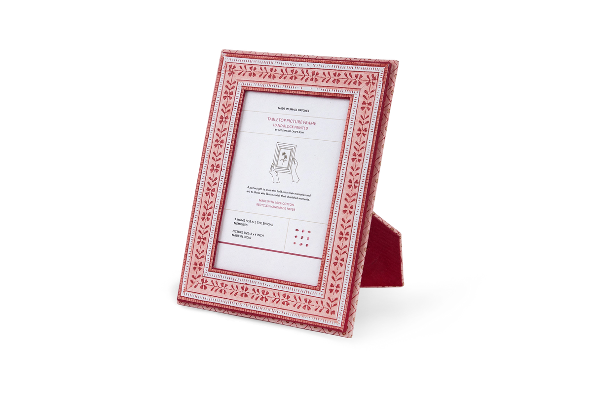 Garnet Red Floral Stripe – Hand Block Printed Tabletop Picture Frame (7.25" x 5.75", fits 6" x 4" photo)