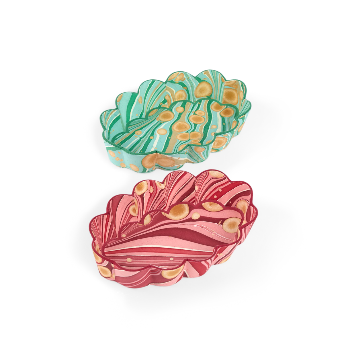 Celadon Green Fire Whirl – Hand Marbled Scalloped Tray  (7.5" x 5.25" x 1.6")
