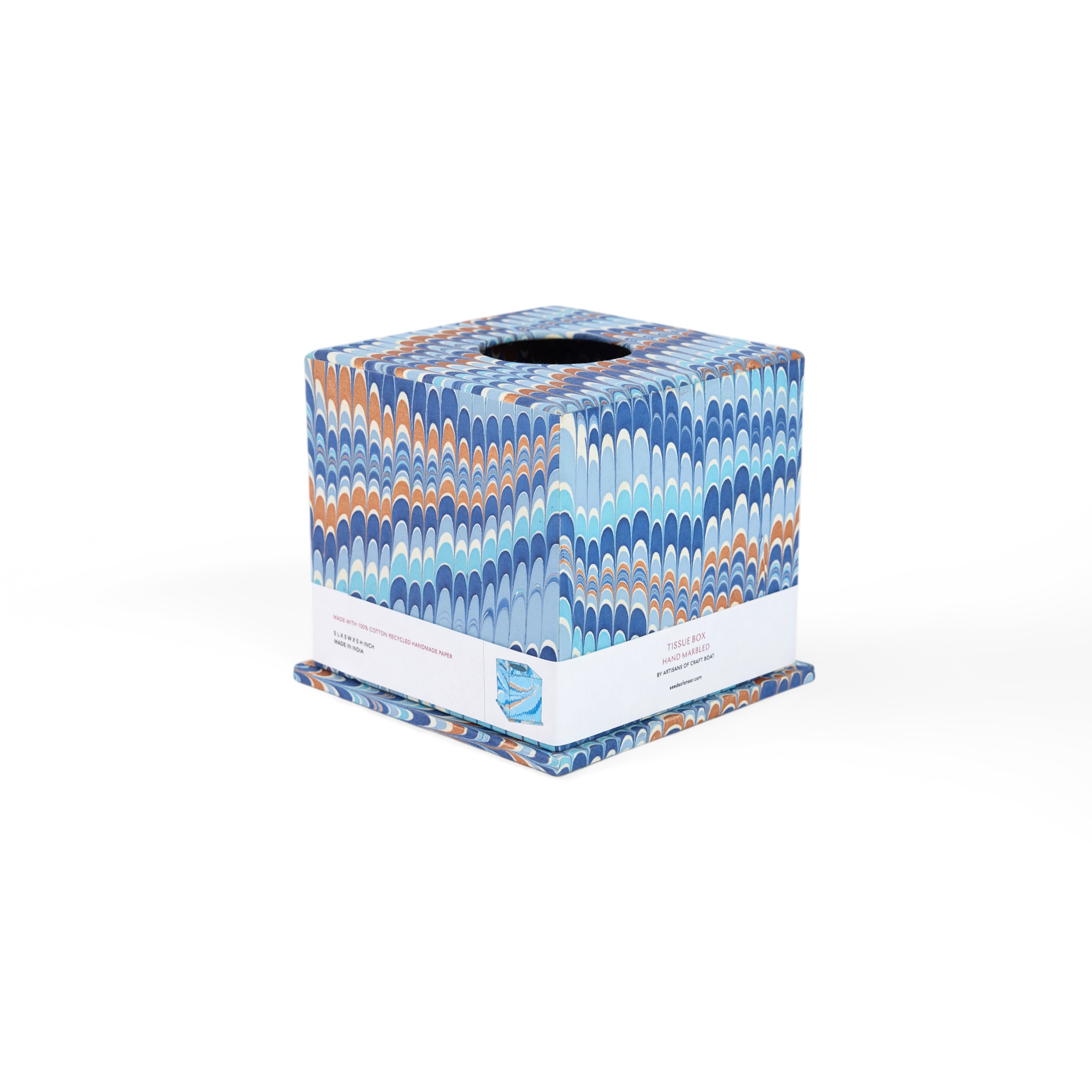 Harbor Blue Mountain – Hand Marbled Tissue Box (5.25” H × 5” W × 5” D | 100% Recycled Cotton Paper)