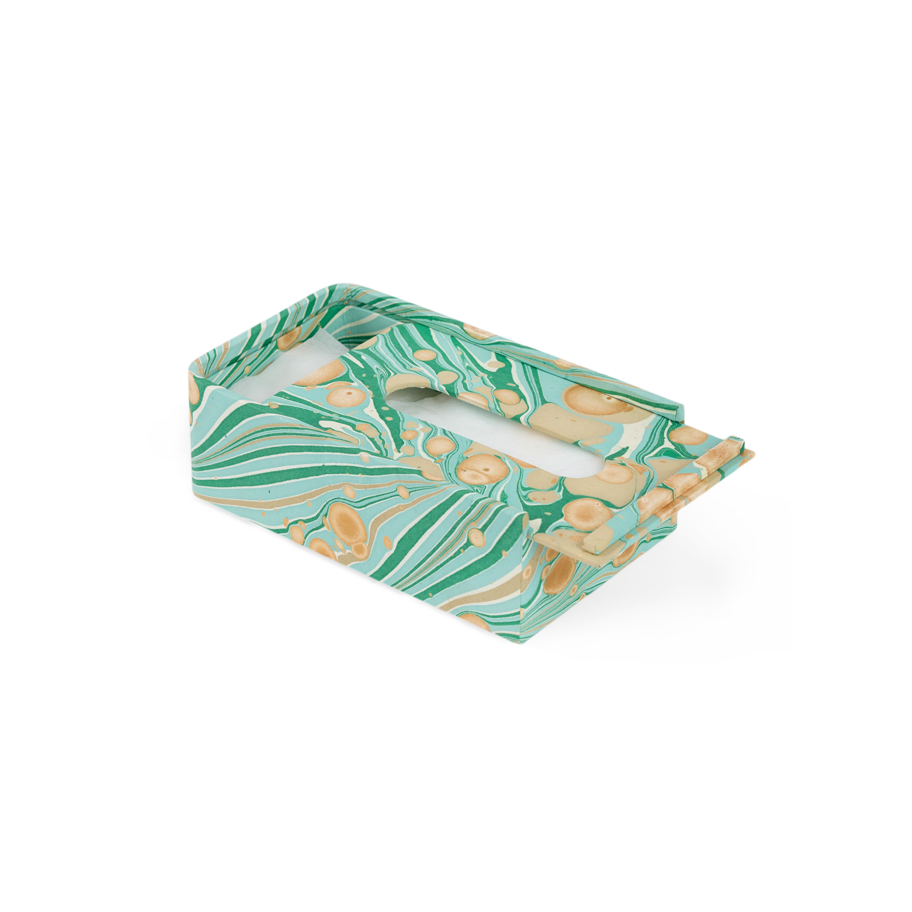 Celadon Green Fire Whirl – Hand Marbled Tissue Box Cover (5.25” W x 8.5” L x 2.75” H)