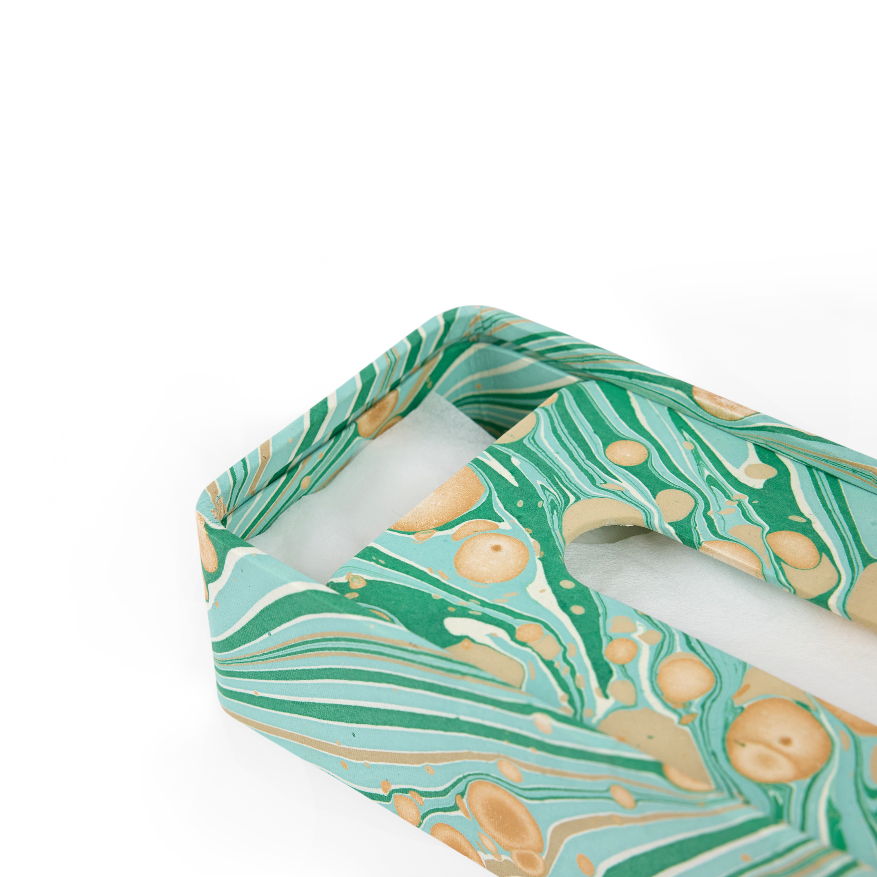 Celadon Green Fire Whirl – Hand Marbled Tissue Box Cover (5.25” W x 8.5” L x 2.75” H)