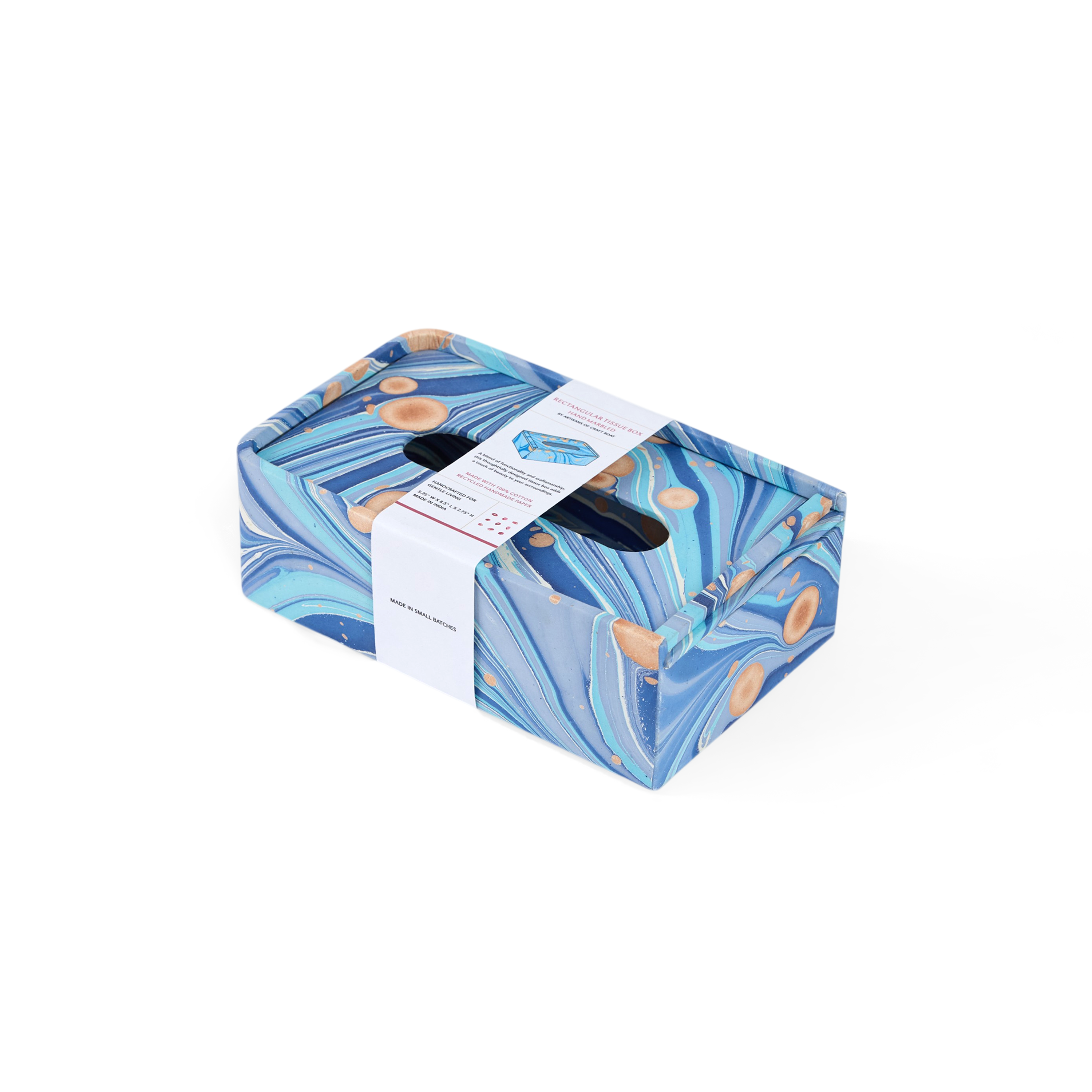 Harbor Blue Fire Whirl – Hand Marbled Tissue Box Cover (5.25” W x 8.5” L x 2.75” H)