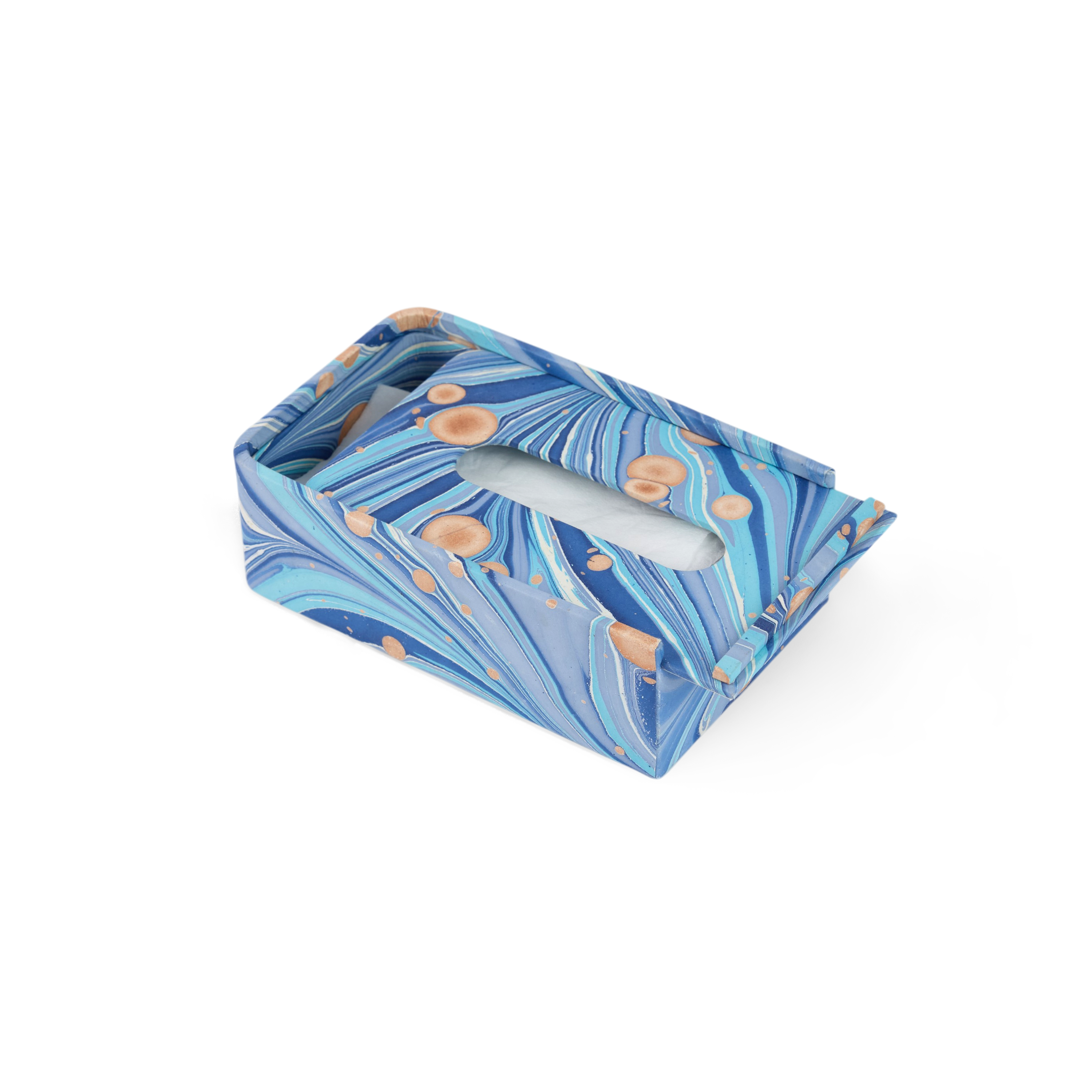 Harbor Blue Fire Whirl – Hand Marbled Tissue Box Cover (5.25” W x 8.5” L x 2.75” H)