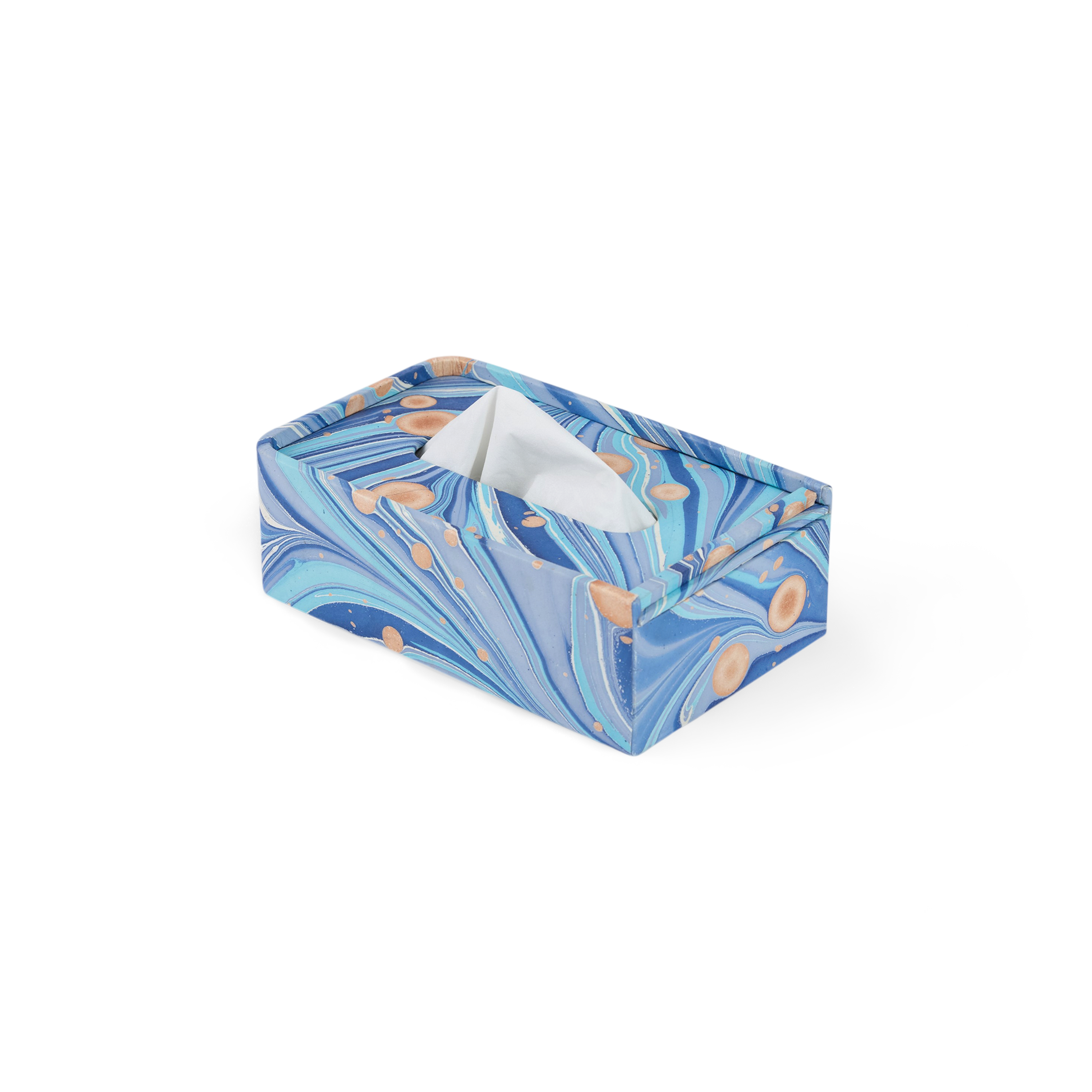 Harbor Blue Fire Whirl – Hand Marbled Tissue Box Cover (5.25” W x 8.5” L x 2.75” H)