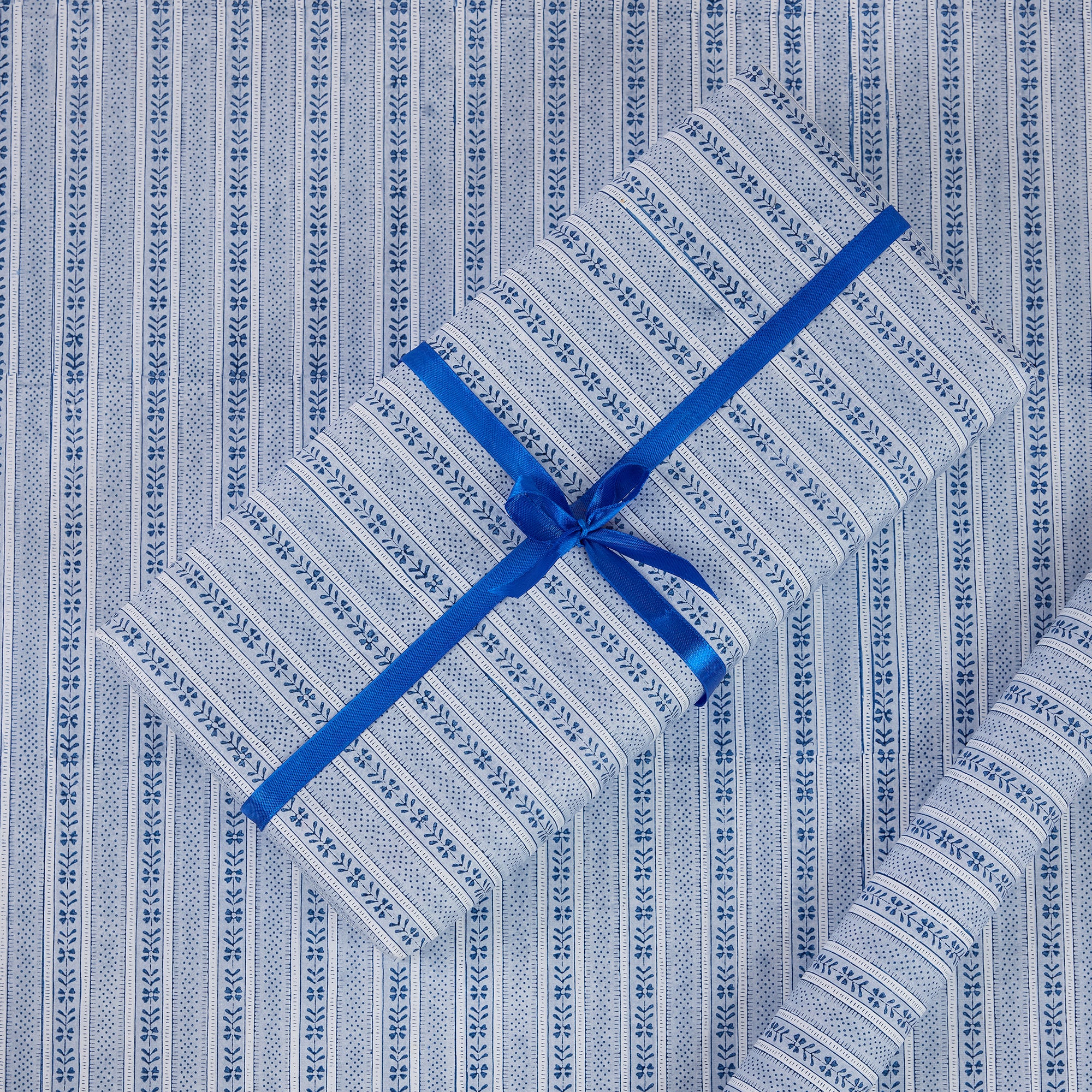 Harbor Blue Floral Stripe – Hand Block Printed Wrapping Paper Sheet ( 21" x 29" | 100% Recycled Cotton Paper)